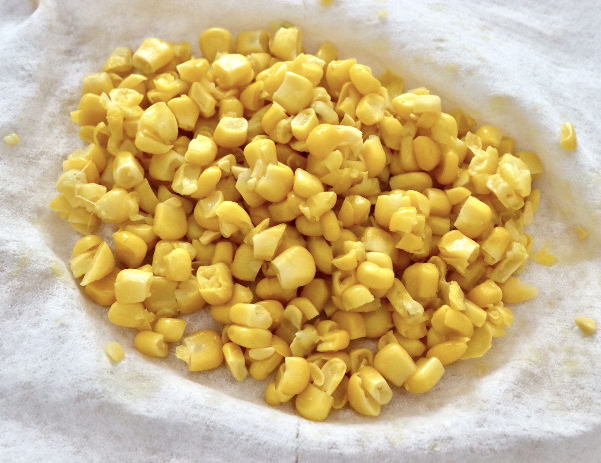 Cornbread-Cookies-Recipe Corn kernels on a paper towel.