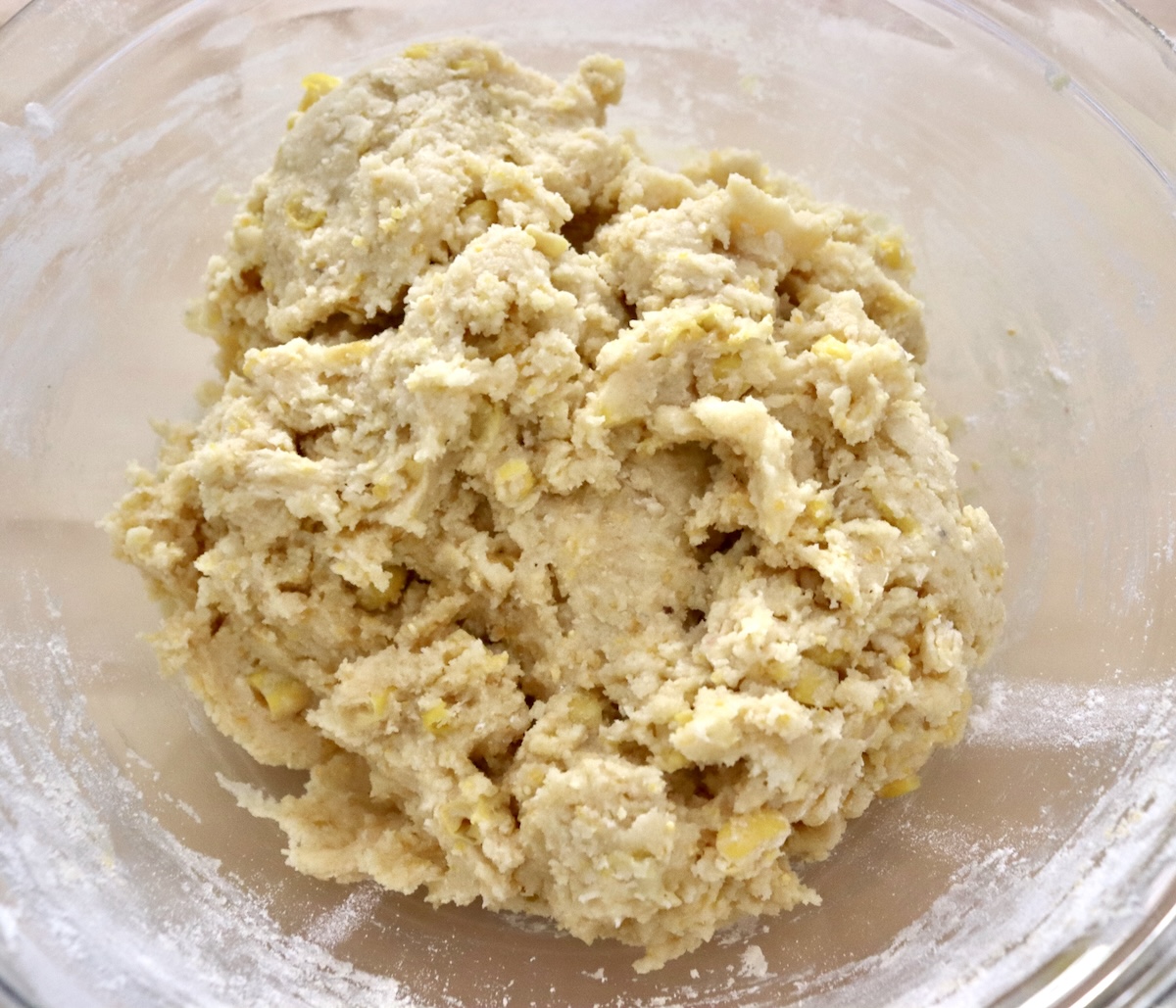 Cornbread-Cookies-Recipe Cornbread cookie batter in a glass bowl.