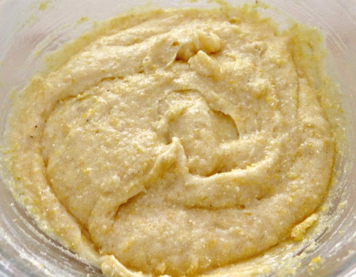 Cornbread-Cookies-Recipe Bowl with half made cornbread cookie batter.