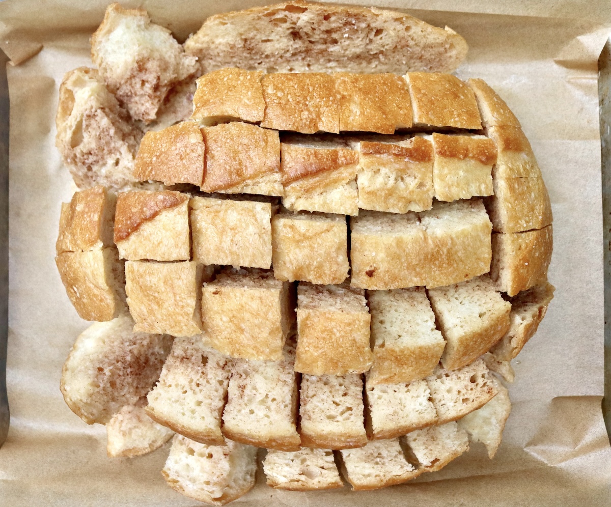 Pull-Apart French Toast Egg-soaked loaf of French bread that's been cut into squares for pull apart French toast.