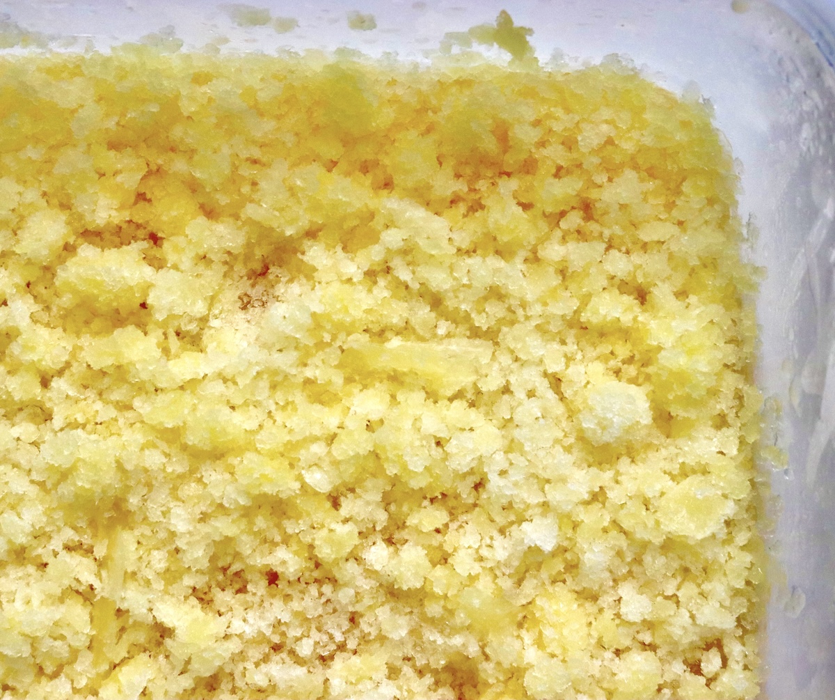 Frozen-Mimosa Plastic container filled with Orange Granita/Frozen Mimosa.