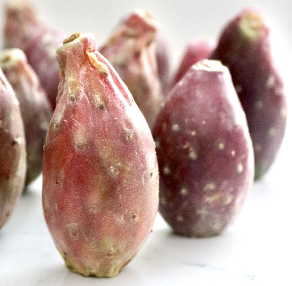 Prickly-Pear-Syrup Several red prickly pears standing on their ends, on a white marble background.