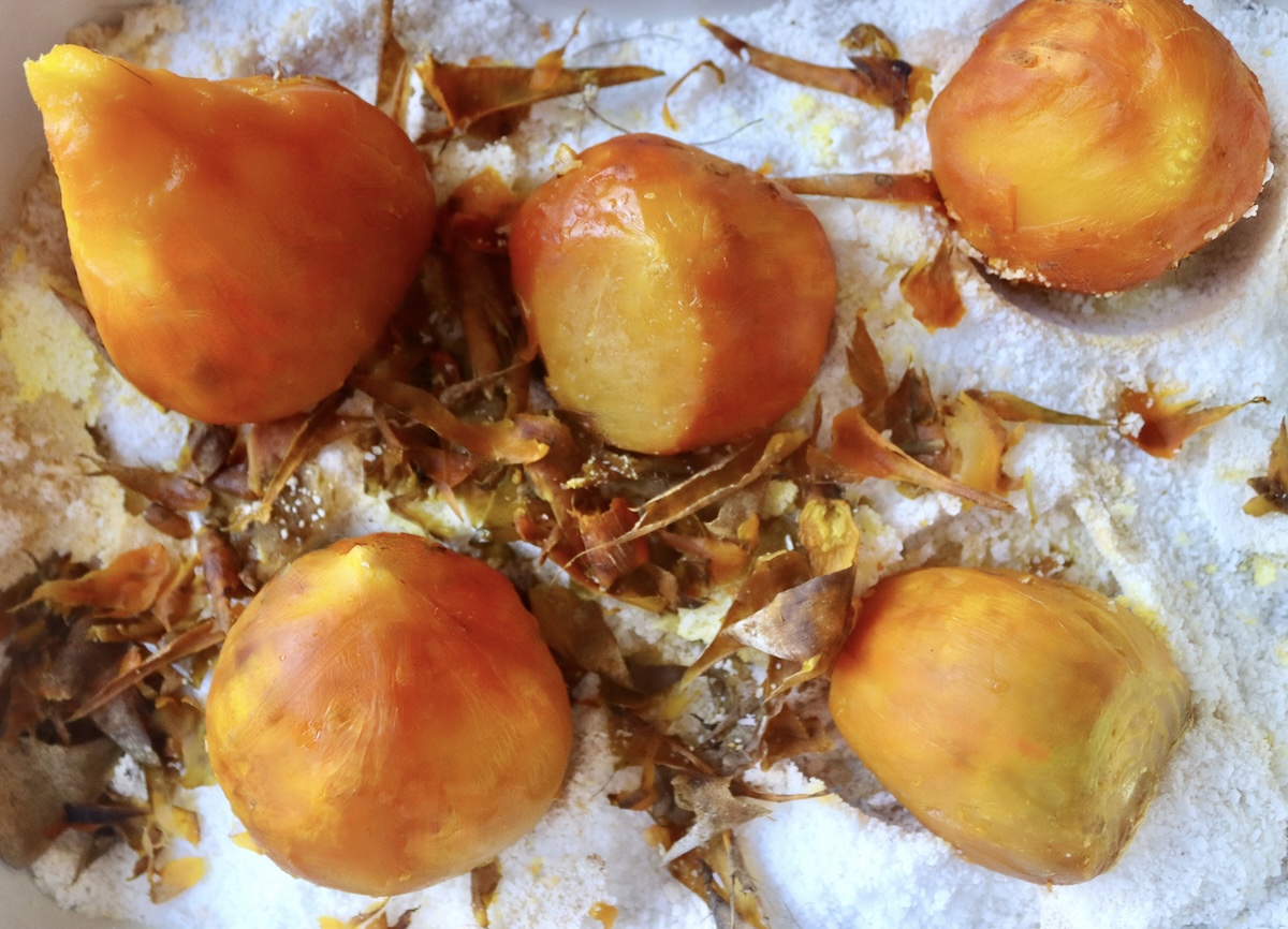 5 peeled, salt-roasted beets on a bed of coarse salt in a baking pan.